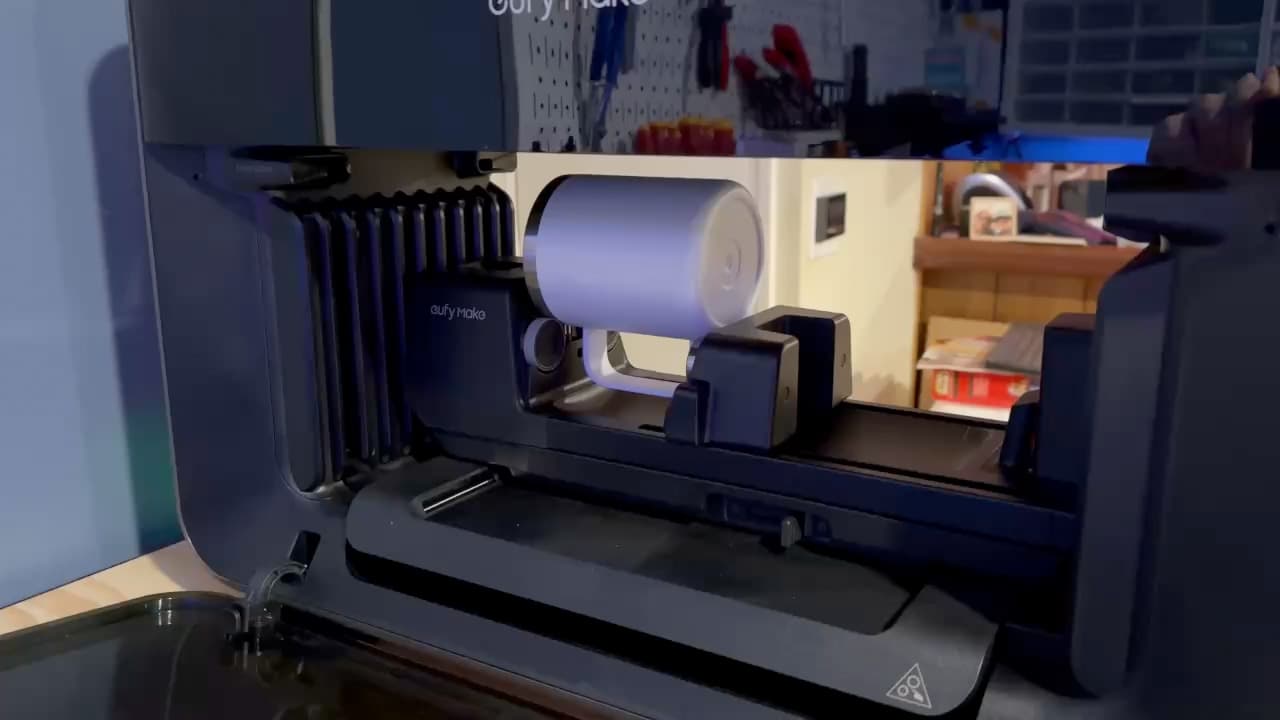 eufyMake E1 UV printer with rotary accessory and a printable mug
