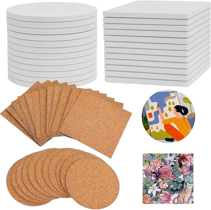 COYMOS Unglazed Ceramic Coasters with Cork Backing (24-Pack)